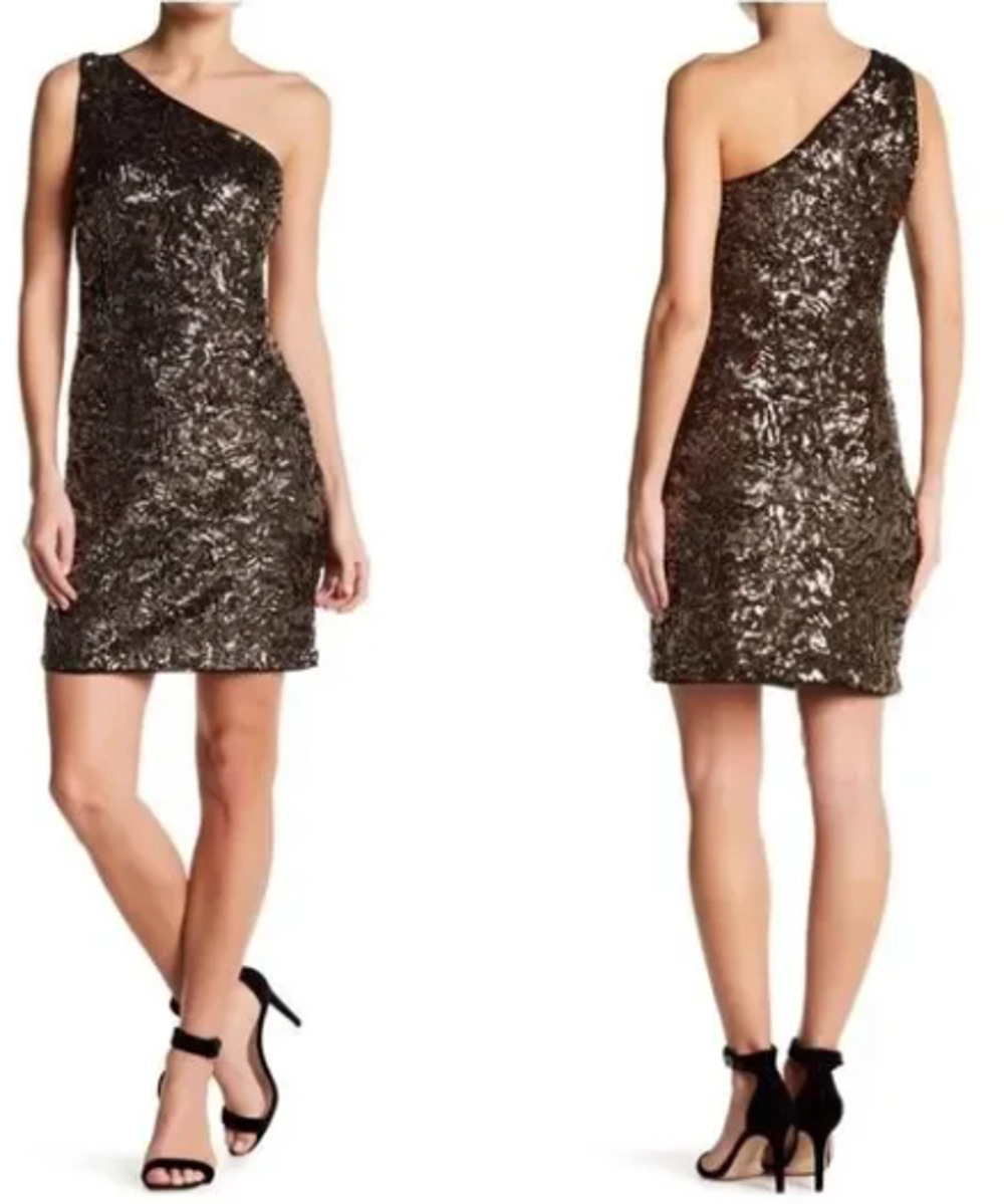 Aqua women's gold sequined one-shoulder short cocktail sheath dress size XS 00-2